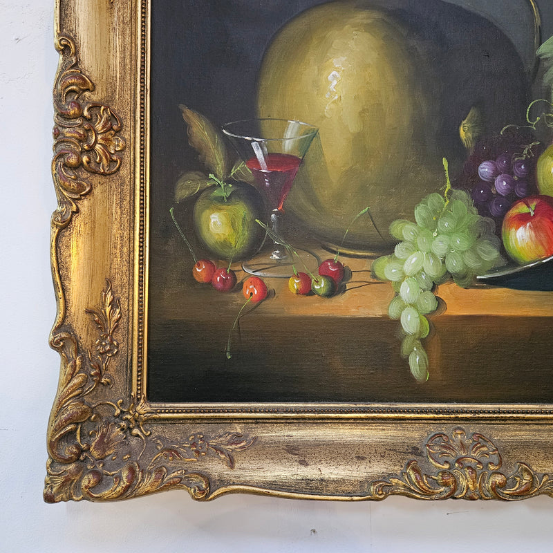 Lovely vintage oil still life on canvas painting in a gilt frame, sourced in France. In good original condition. Please see photos as it form part of the description.