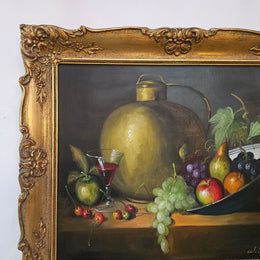 Lovely vintage oil still life on canvas painting in a gilt frame, sourced in France. In good original condition. Please see photos as it form part of the description.