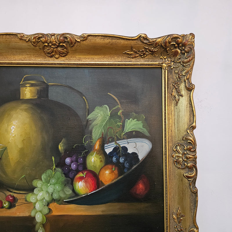 Lovely vintage oil still life on canvas painting in a gilt frame, sourced in France. In good original condition. Please see photos as it form part of the description.