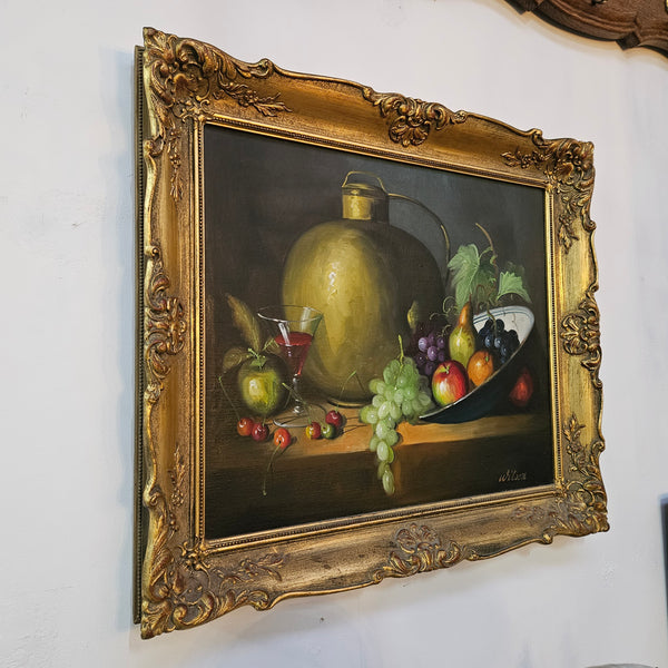 Lovely vintage oil still life on canvas painting in a gilt frame, sourced in France. In good original condition. Please see photos as it form part of the description.