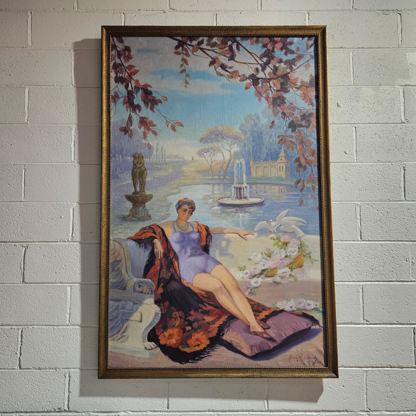 Art Deco Oil On Canvas Of Lounging Lady Signed