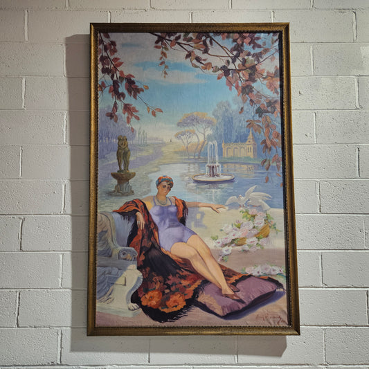 Art Deco Oil On Canvas Of Lounging Lady Signed