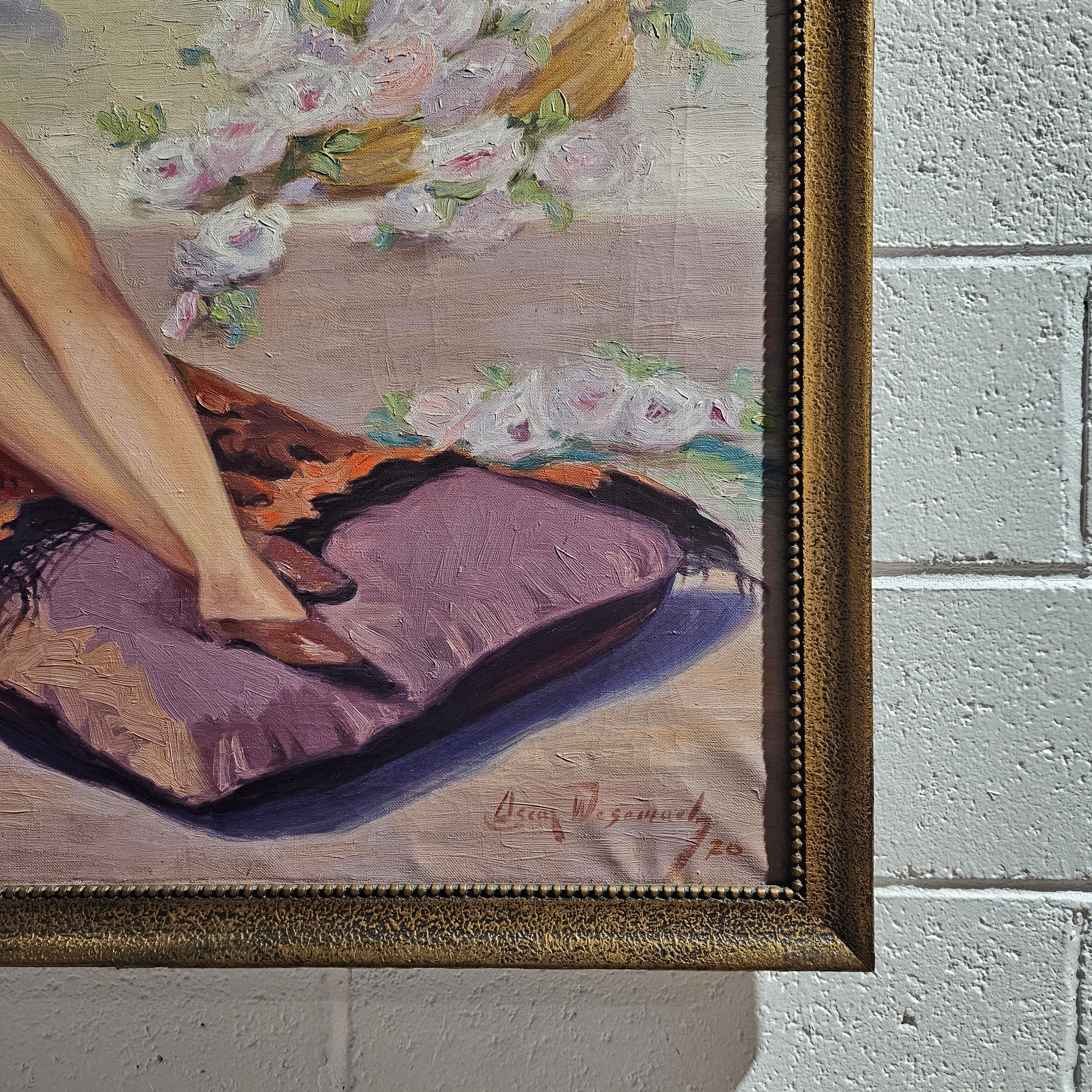 Art Deco Oil On Canvas Of Lounging Lady Signed