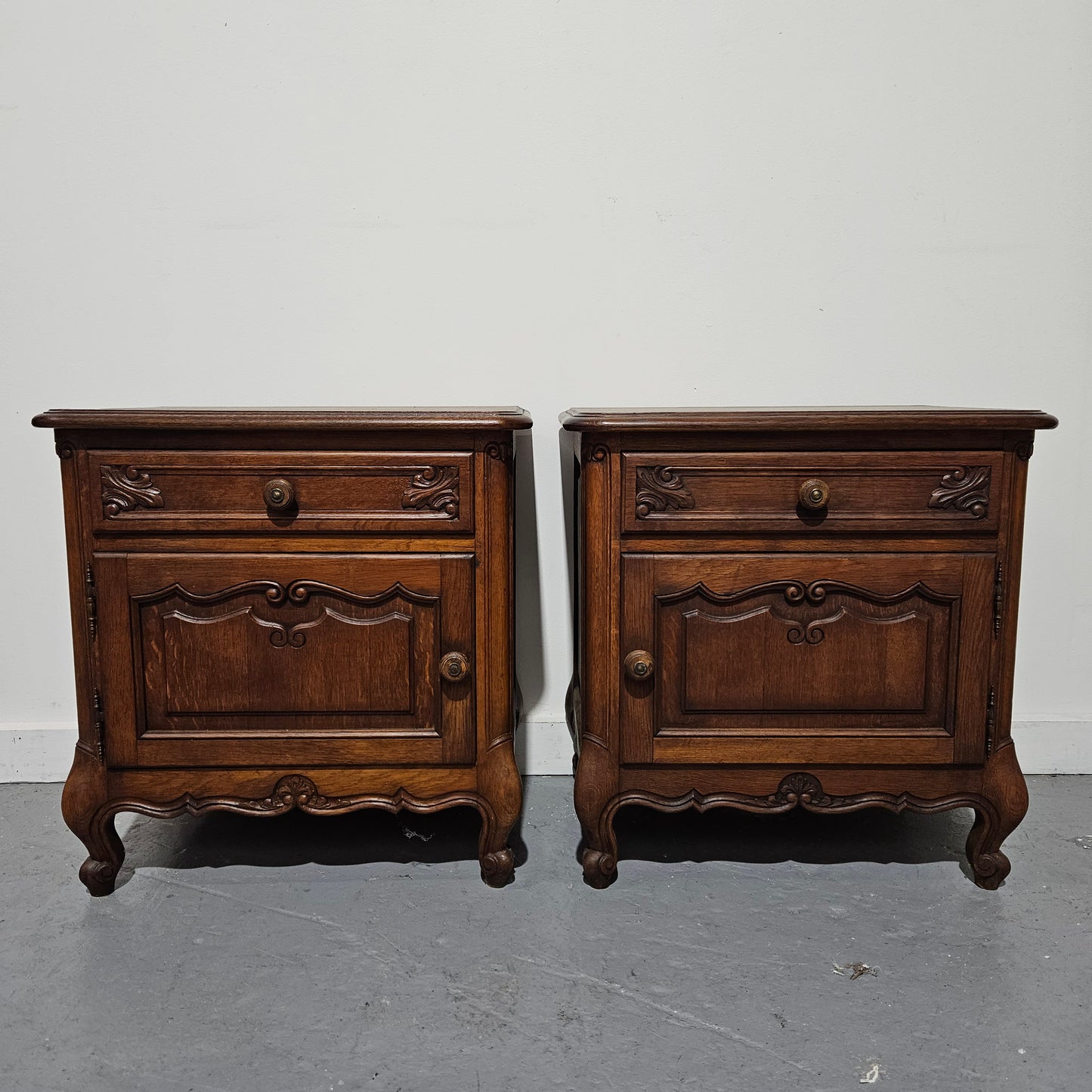 Pair of French Oak Low Wooden Top Bedside Cabinets