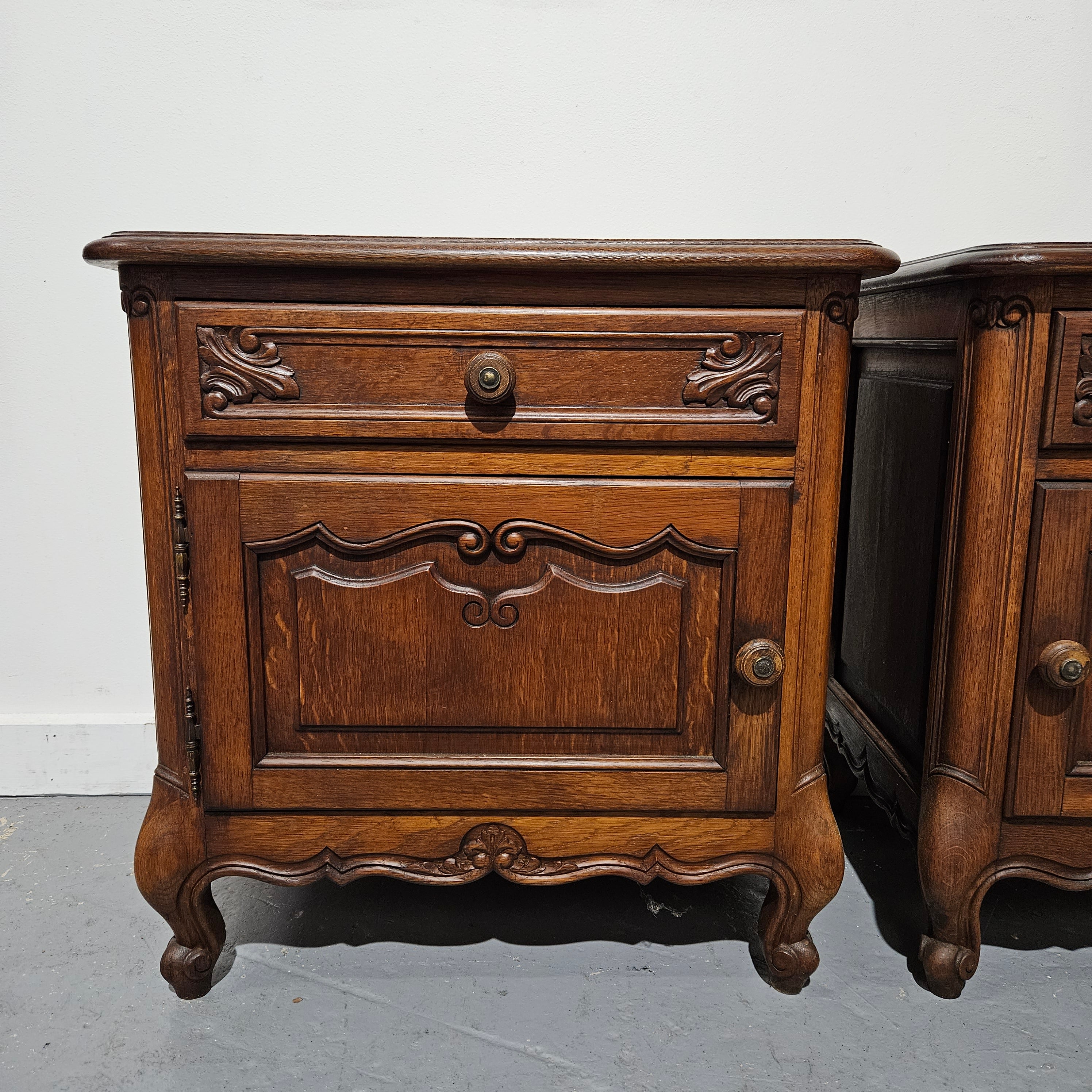Pair of French Oak Low Wooden Top Bedside Cabinets | Antique & Vintage | Moonee Ponds Antiques | Australia Wide Delivery