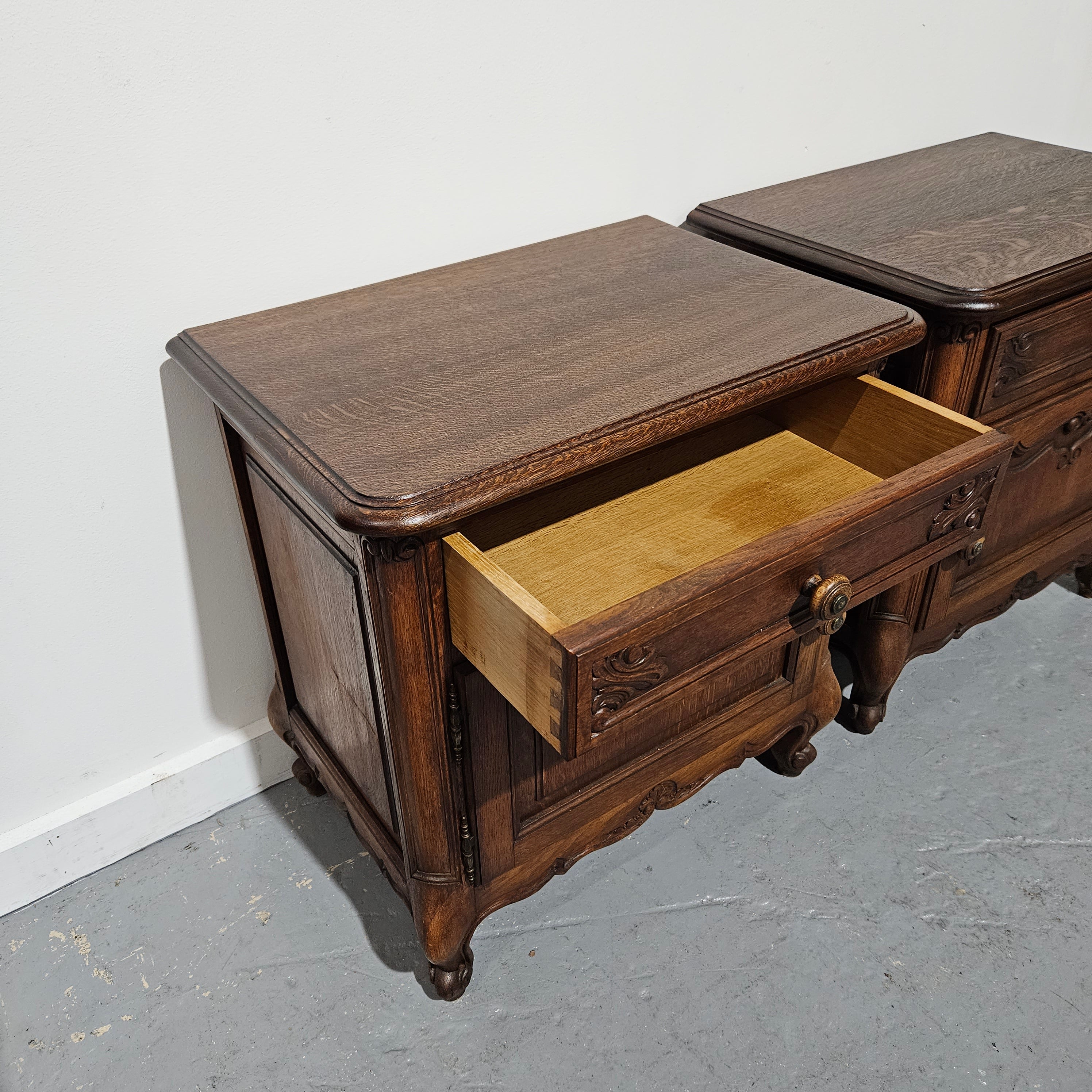Pair of French Oak Low Wooden Top Bedside Cabinets | Antique & Vintage | Moonee Ponds Antiques | Australia Wide Delivery