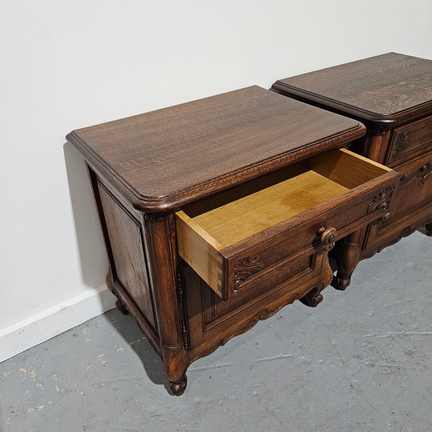 Pair of French Oak Low Wooden Top Bedside Cabinets
