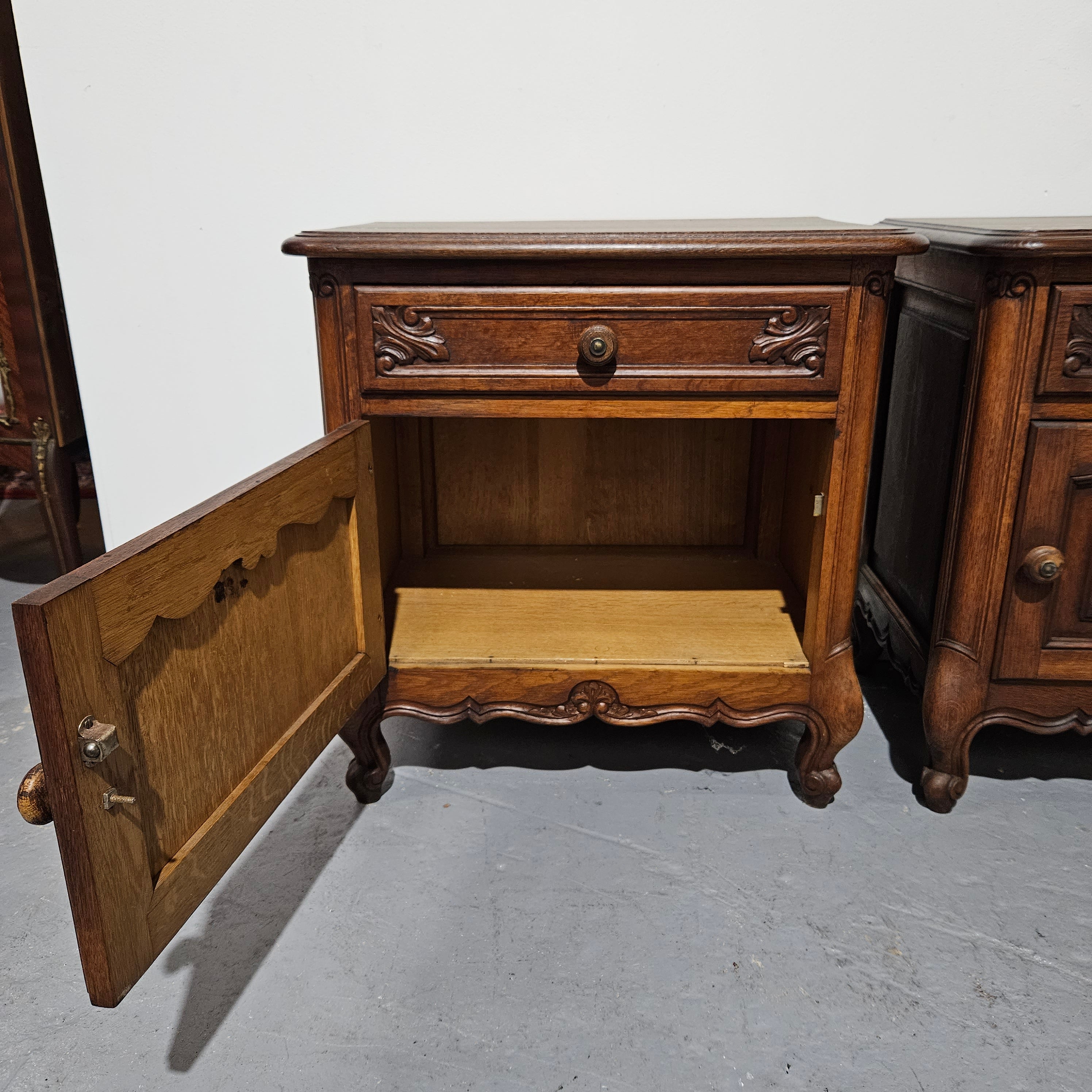 Pair of French Oak Low Wooden Top Bedside Cabinets | Antique & Vintage | Moonee Ponds Antiques | Australia Wide Delivery
