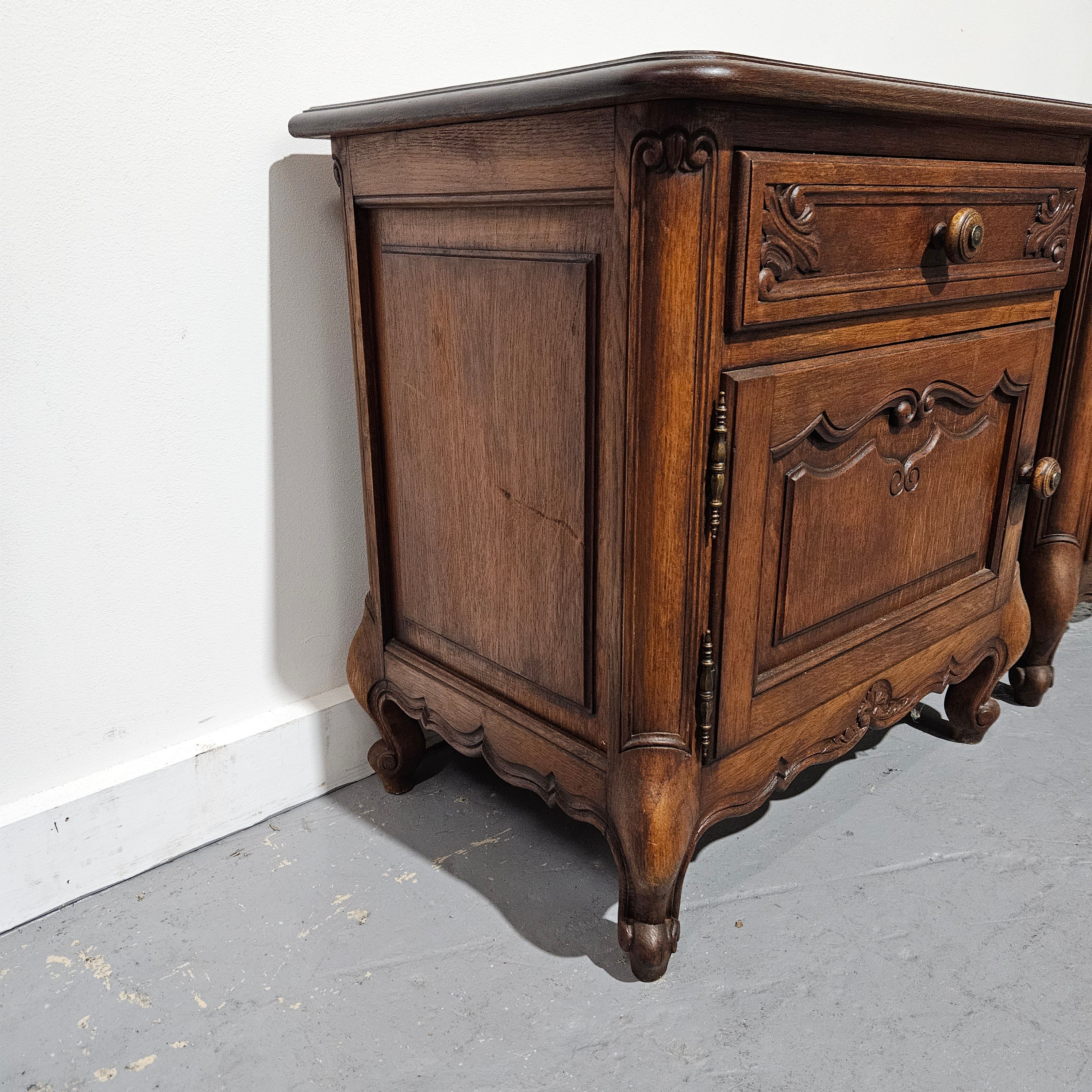 Pair of French Oak Low Wooden Top Bedside Cabinets | Antique & Vintage | Moonee Ponds Antiques | Australia Wide Delivery