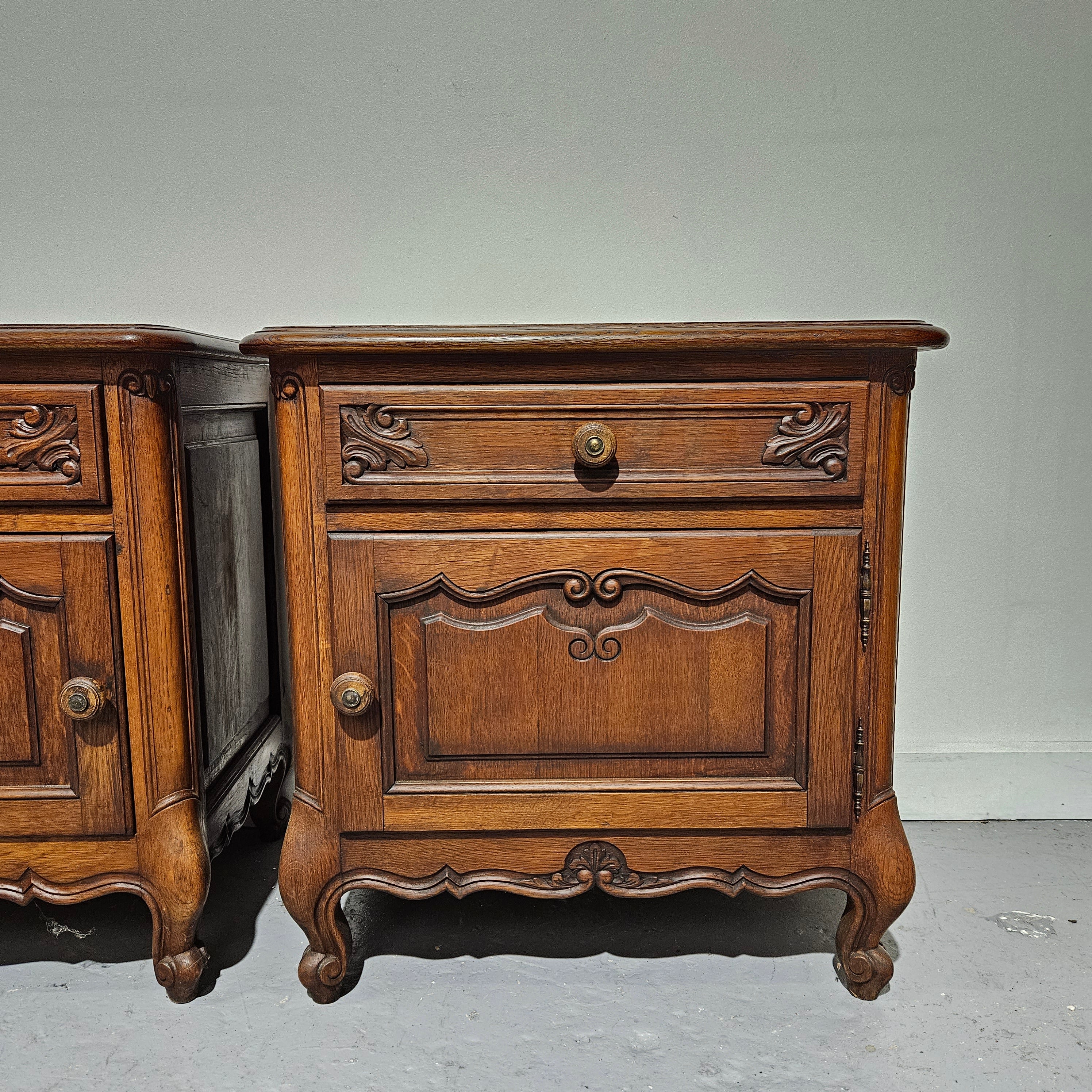 Pair of French Oak Low Wooden Top Bedside Cabinets | Antique & Vintage | Moonee Ponds Antiques | Australia Wide Delivery