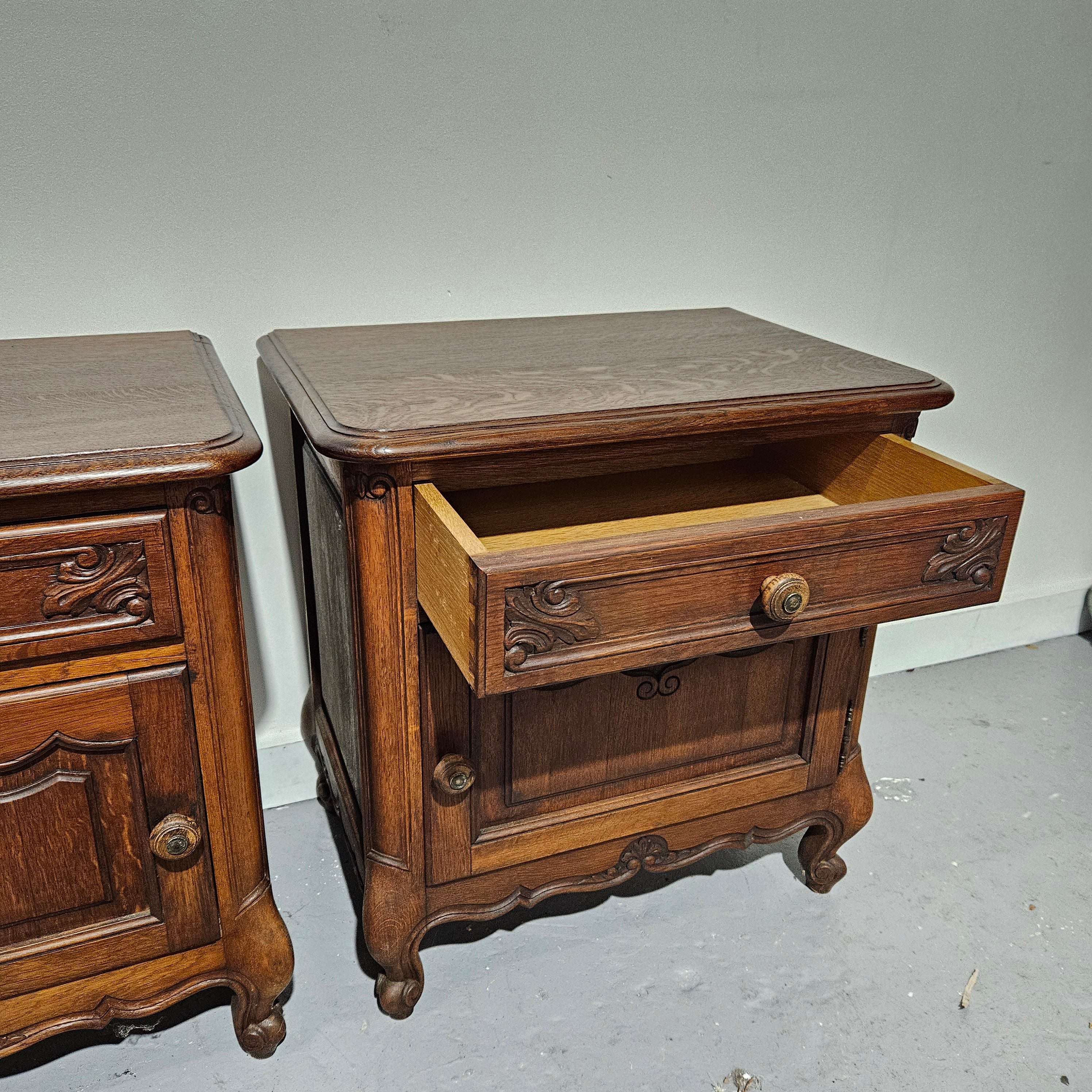 Pair of French Oak Low Wooden Top Bedside Cabinets | Antique & Vintage | Moonee Ponds Antiques | Australia Wide Delivery