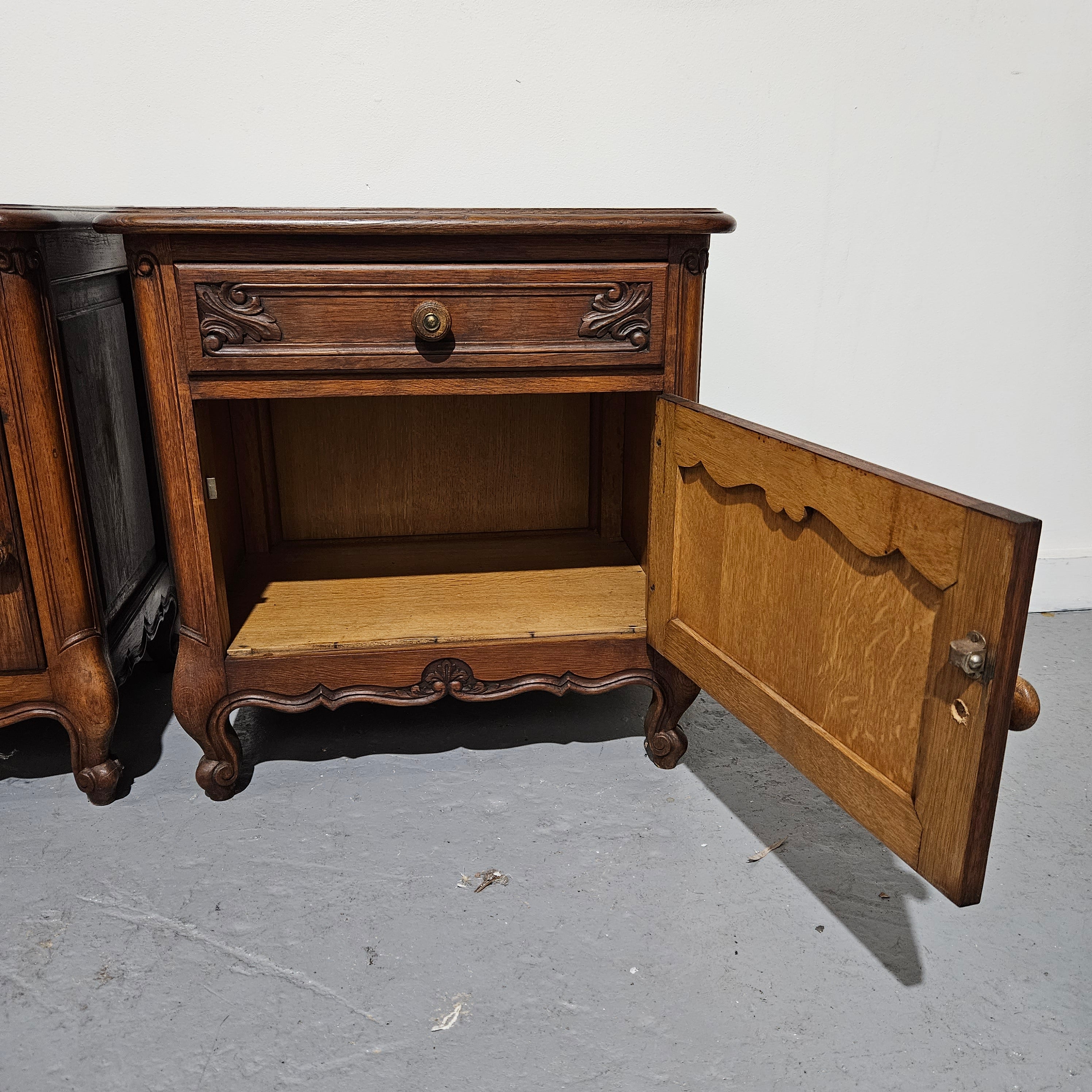 Pair of French Oak Low Wooden Top Bedside Cabinets | Antique & Vintage | Moonee Ponds Antiques | Australia Wide Delivery
