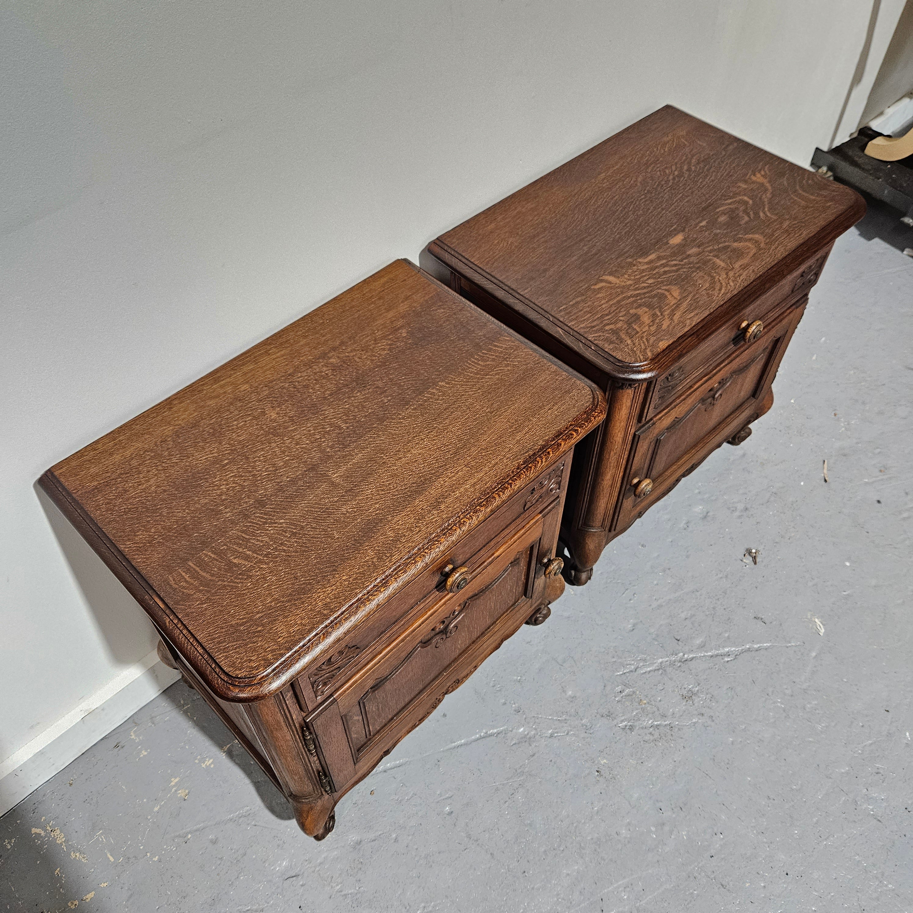 Pair of French Oak Low Wooden Top Bedside Cabinets | Antique & Vintage | Moonee Ponds Antiques | Australia Wide Delivery