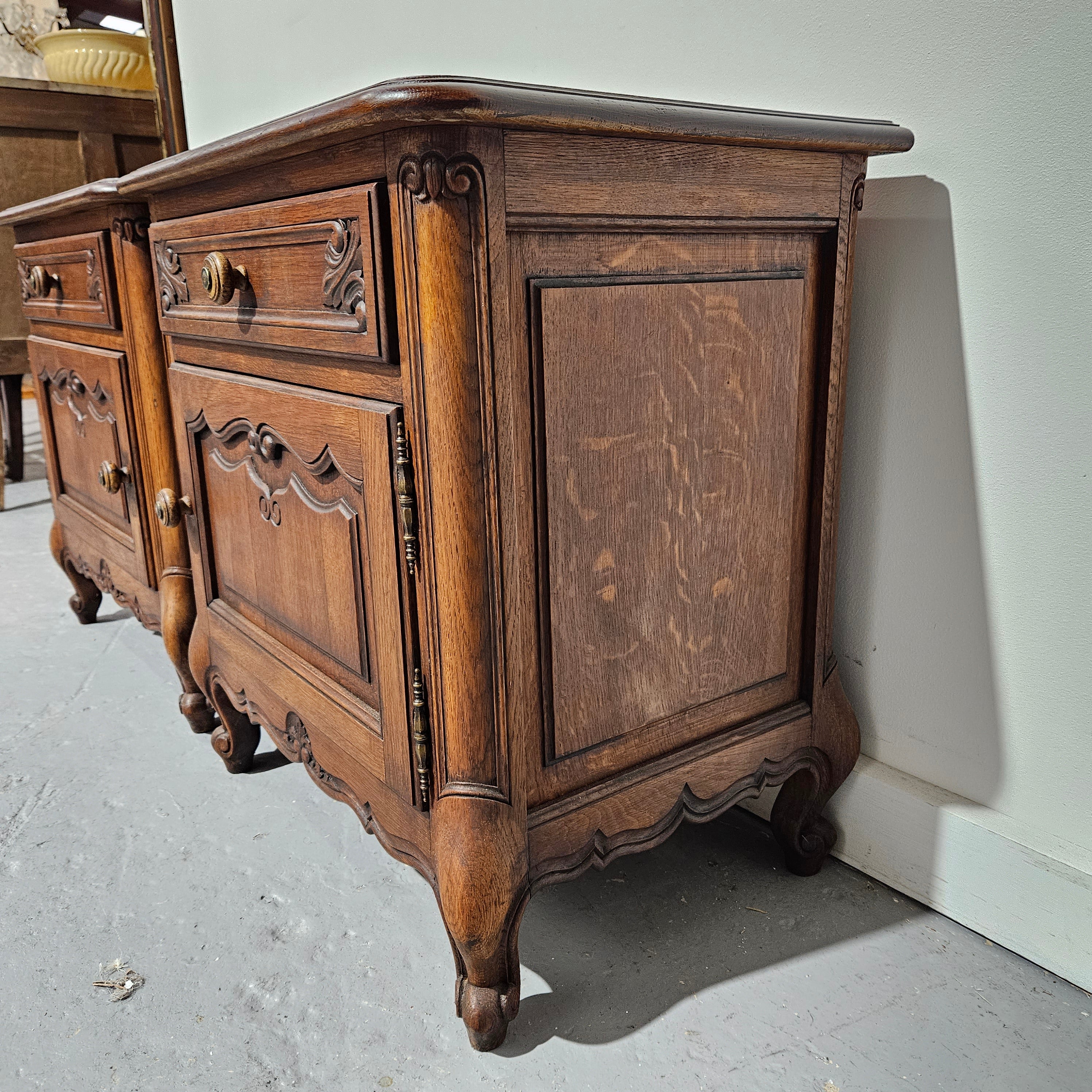 Pair of French Oak Low Wooden Top Bedside Cabinets | Antique & Vintage | Moonee Ponds Antiques | Australia Wide Delivery
