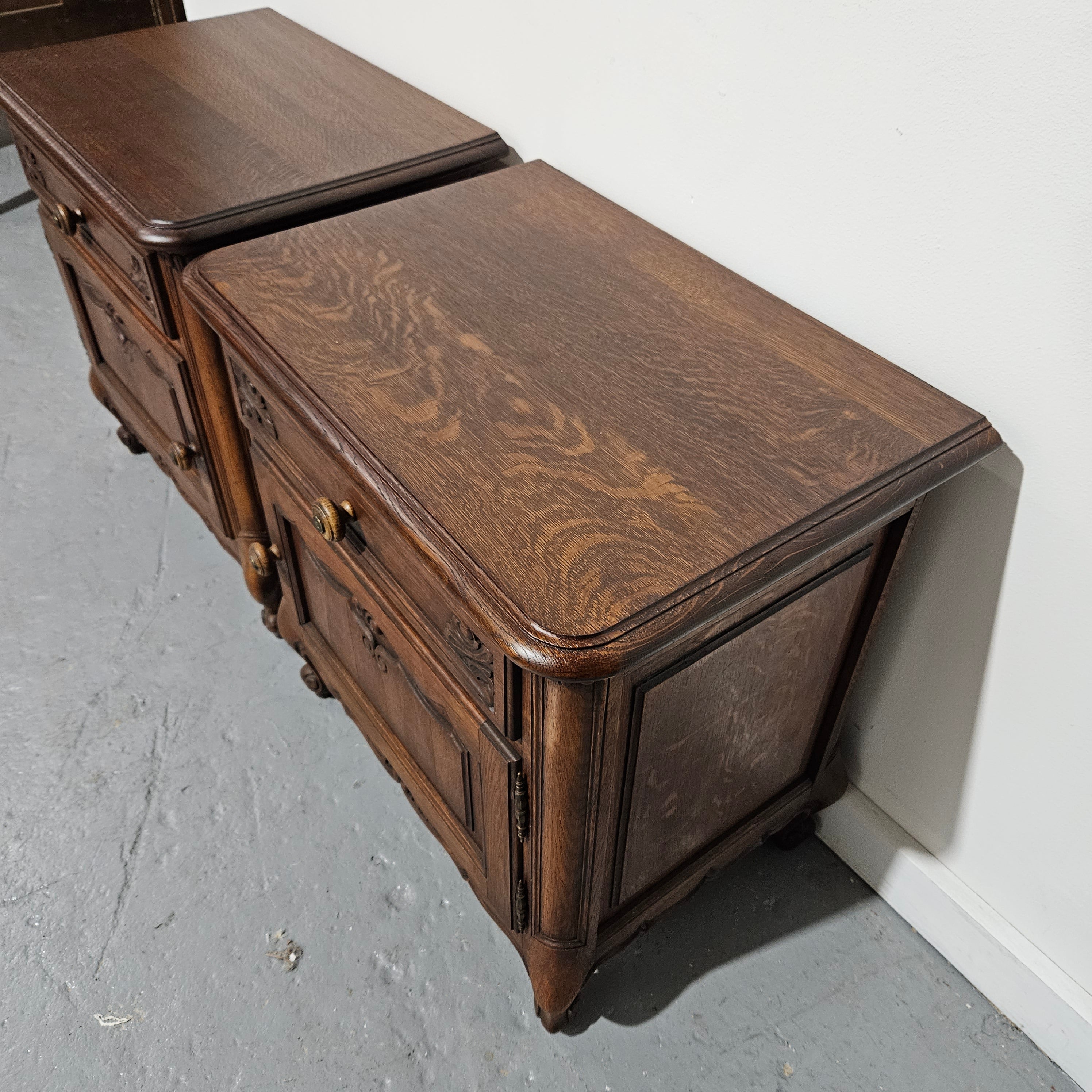 Pair of French Oak Low Wooden Top Bedside Cabinets | Antique & Vintage | Moonee Ponds Antiques | Australia Wide Delivery