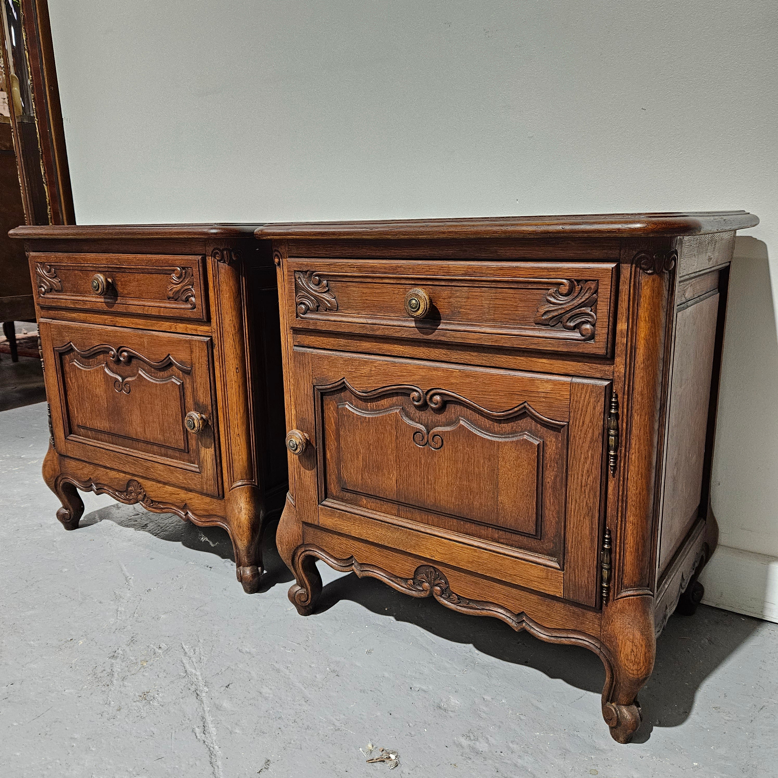 Pair of French Oak Low Wooden Top Bedside Cabinets | Antique & Vintage | Moonee Ponds Antiques | Australia Wide Delivery