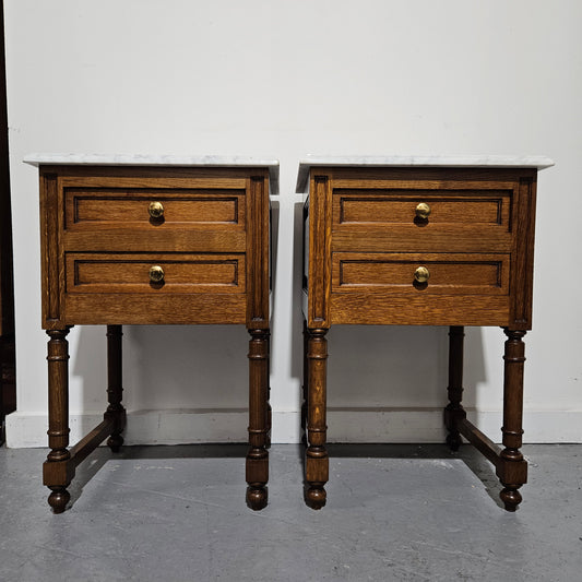 Pair French Oak Henry II Style Marble Top Low Bedsides