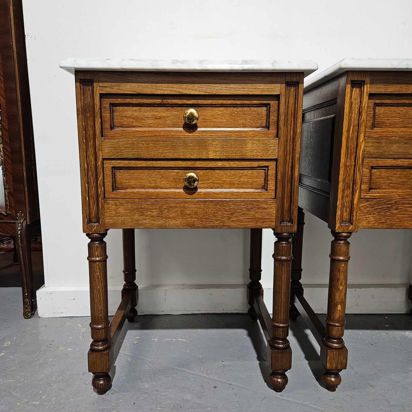 Pair French Oak Henry II Style Marble Top Low Bedsides