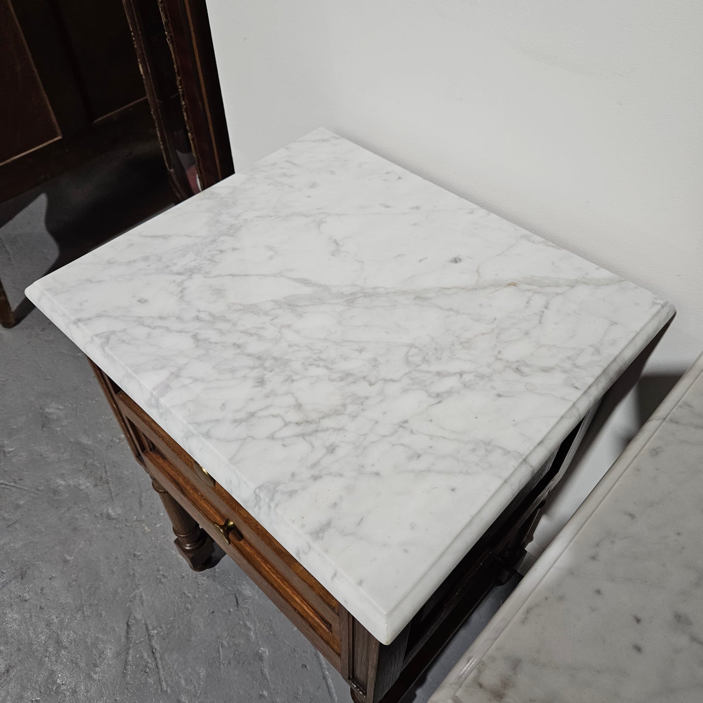 Pair French Oak Henry II Style Marble Top Low Bedsides
