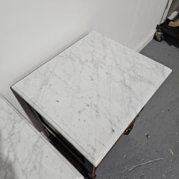 Pair French Oak Henry II Style Marble Top Low Bedsides
