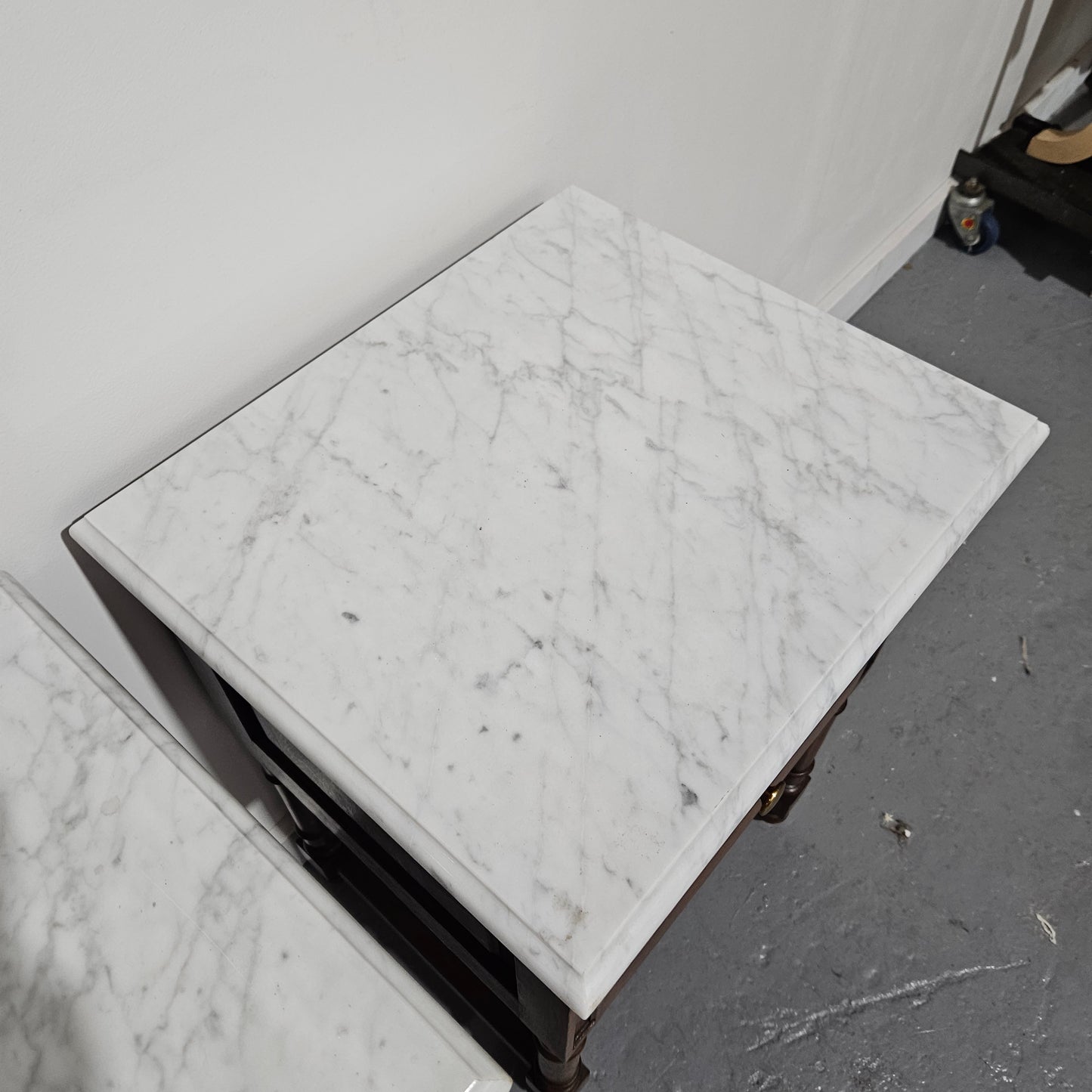 Pair French Oak Henry II Style Marble Top Low Bedsides