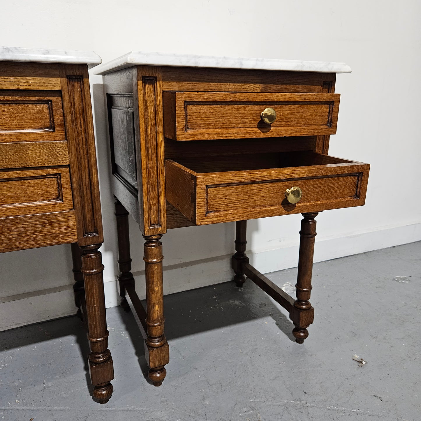 Pair French Oak Henry II Style Marble Top Low Bedsides