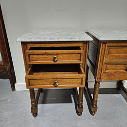 Pair French Oak Henry II Style Marble Top Low Bedsides