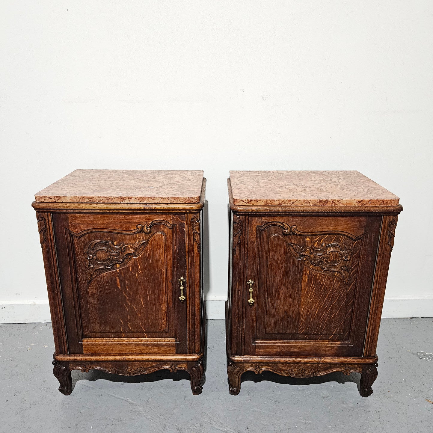 Pair of Louis XV Style French Oak One Door Marble Top Bedsides