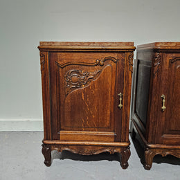 Pair of Louis XV Style French Oak One Door Marble Top Bedsides