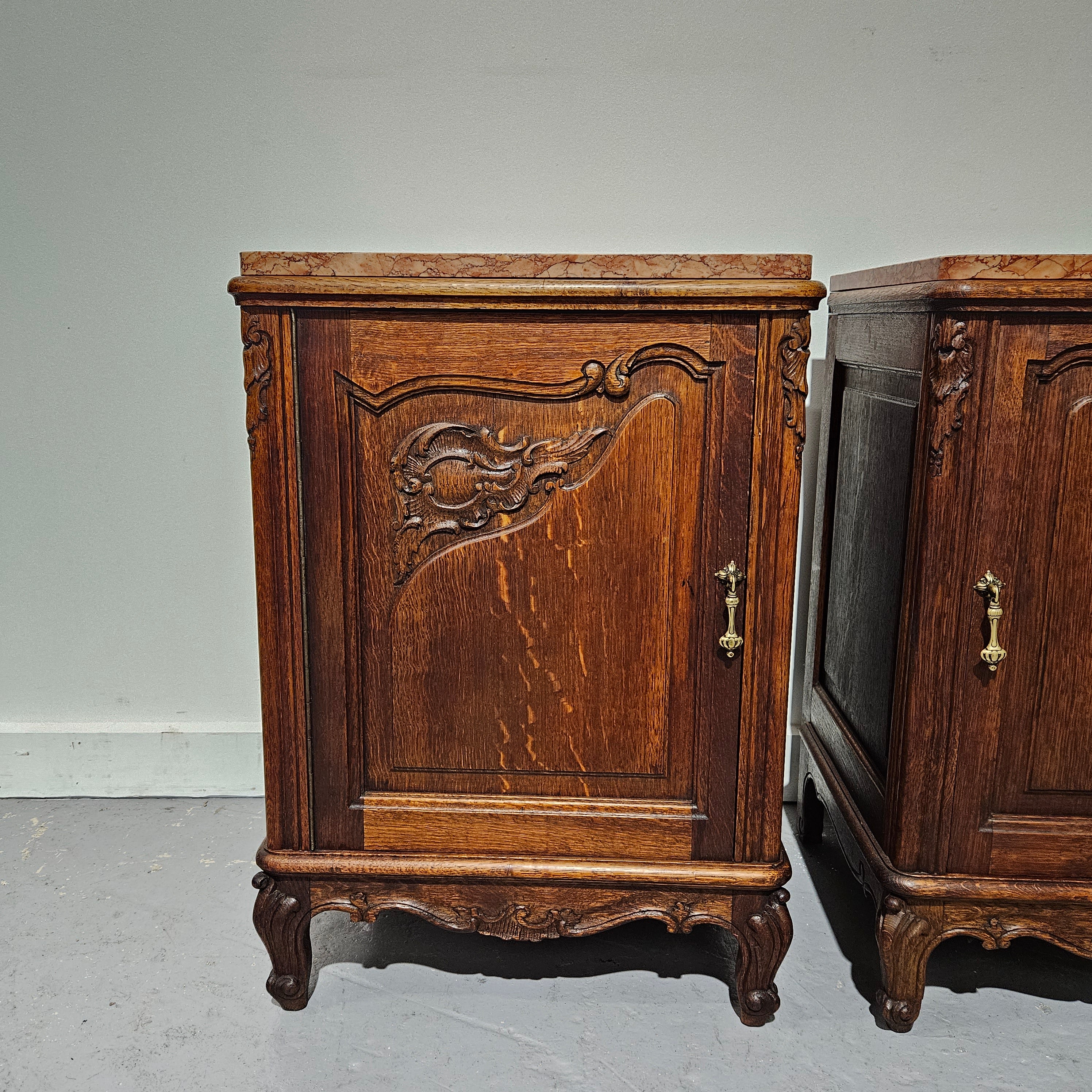 Pair of Louis XV Style French Oak One Door Marble Top Bedsides | Antique & Vintage | Moonee Ponds Antiques | Australia Wide Delivery