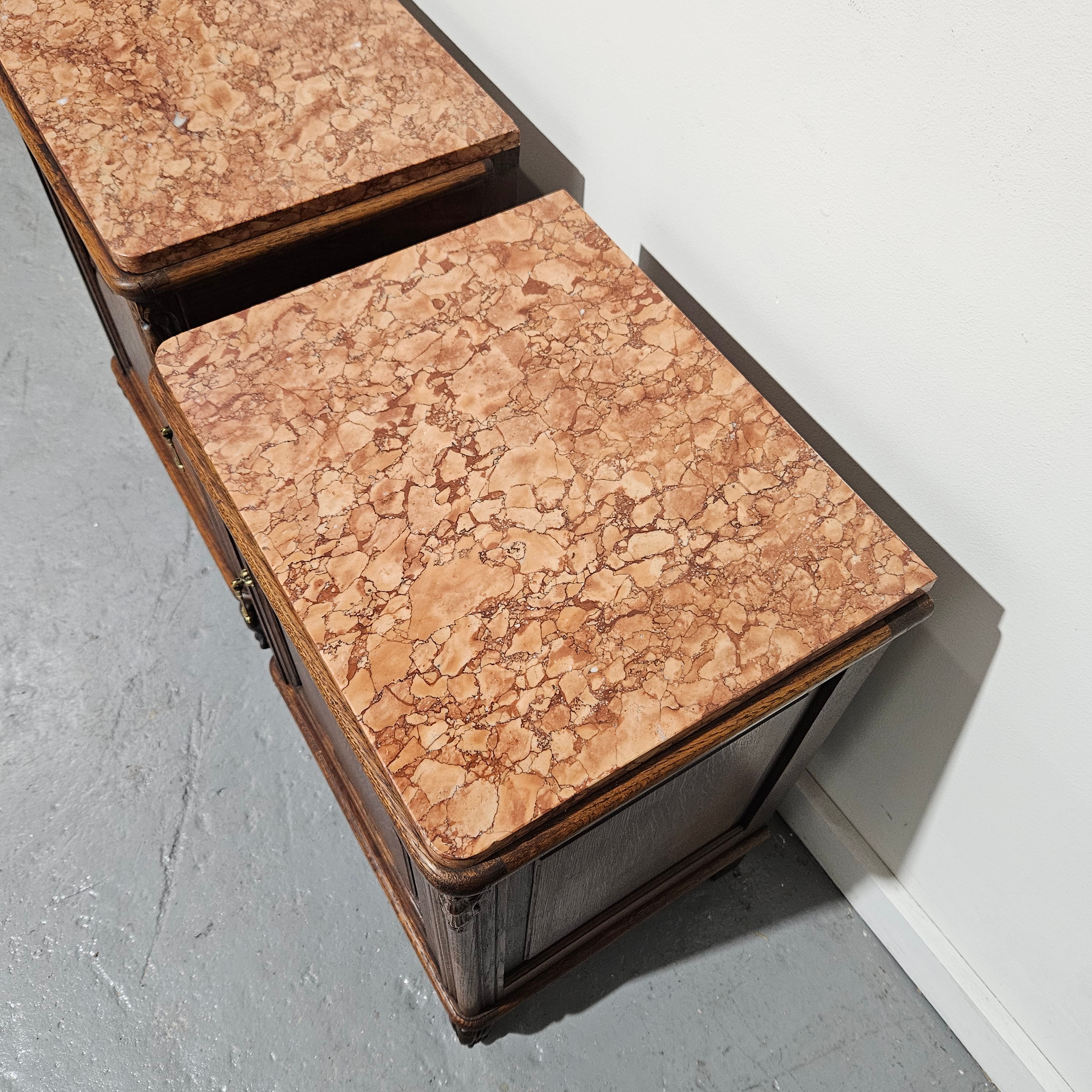 Pair of Louis XV Style French Oak One Door Marble Top Bedsides | Antique & Vintage | Moonee Ponds Antiques | Australia Wide Delivery