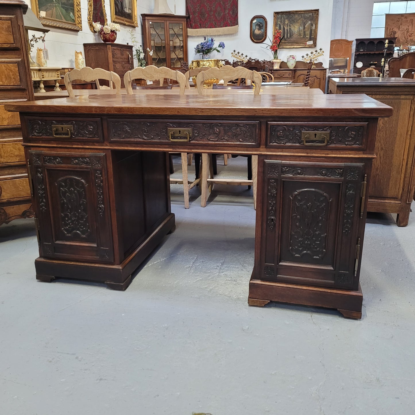 French Oak Gothic Style Parquetry Top Desk