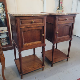 Pair of French Oak Louis XVI Style Marble Top Bedside Tables