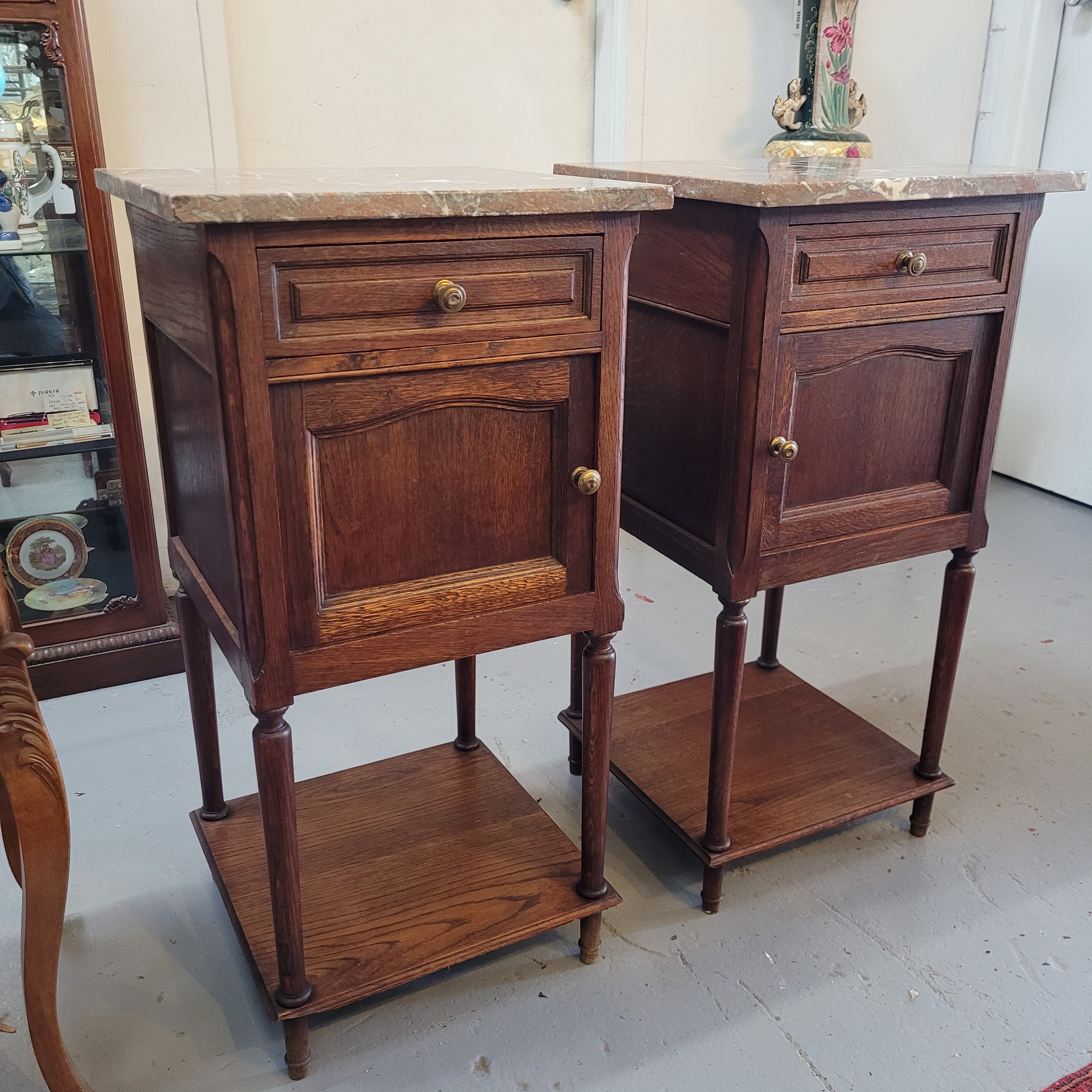 Pair of French Oak Louis XVI Style Marble Top Bedside Tables Moonee