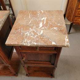 Pair of French Oak Louis XVI Style Marble Top Bedside Tables