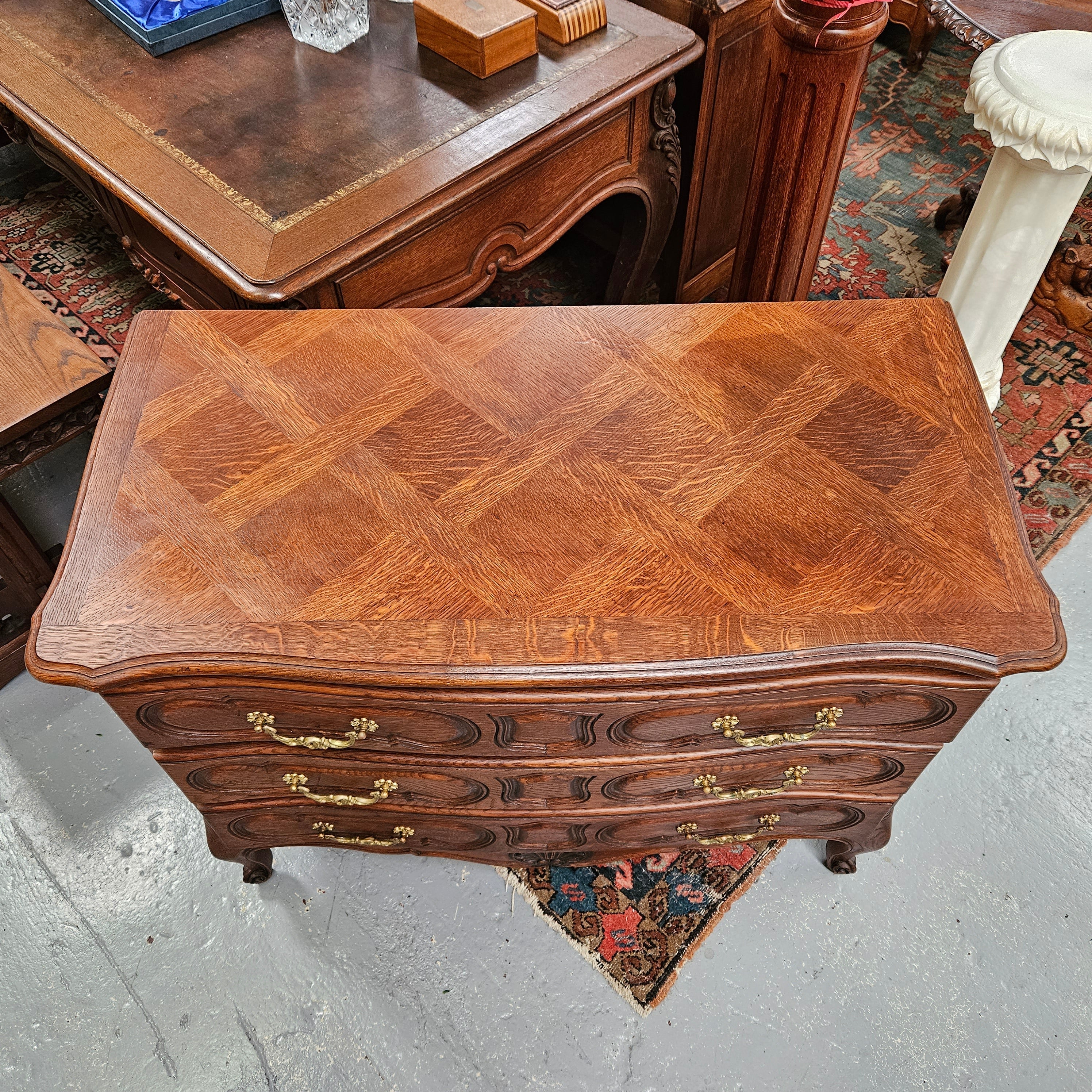 Antique French Oak Parquetry Top Chest of Drawers