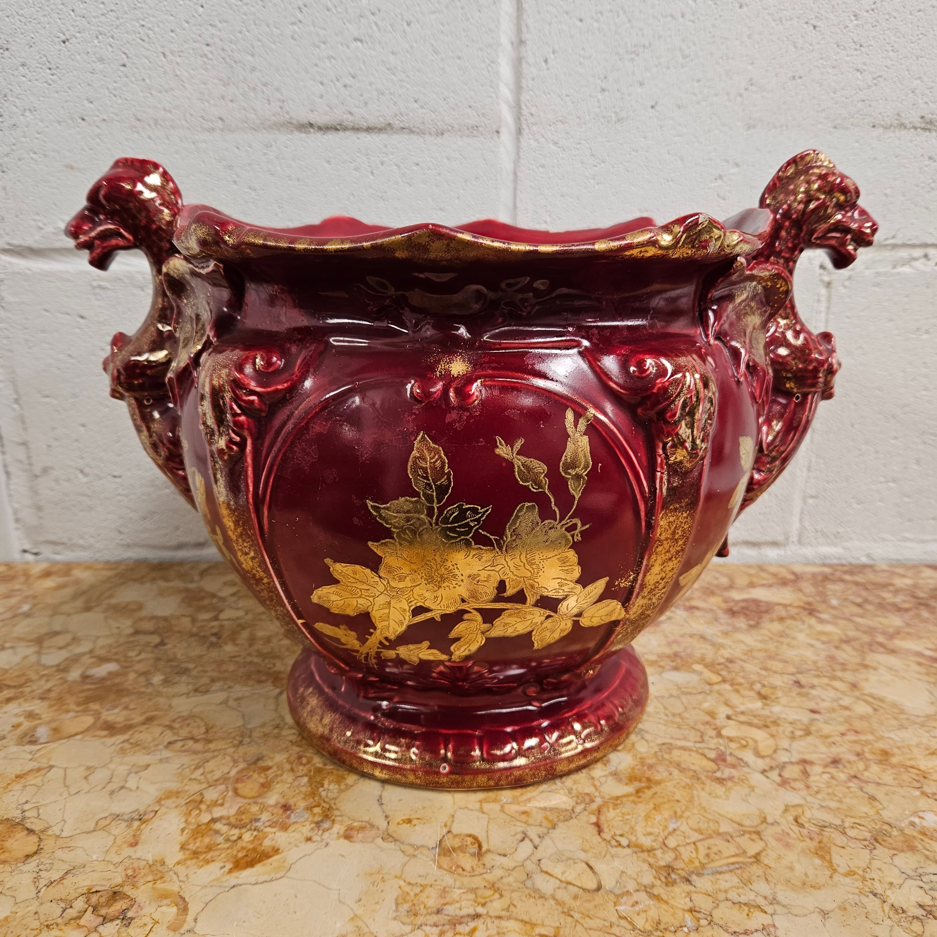 Burgundy Hand Painted Griffin Jardiniere | Antique & Vintage | Moonee Ponds Antiques | Australia Wide Delivery
