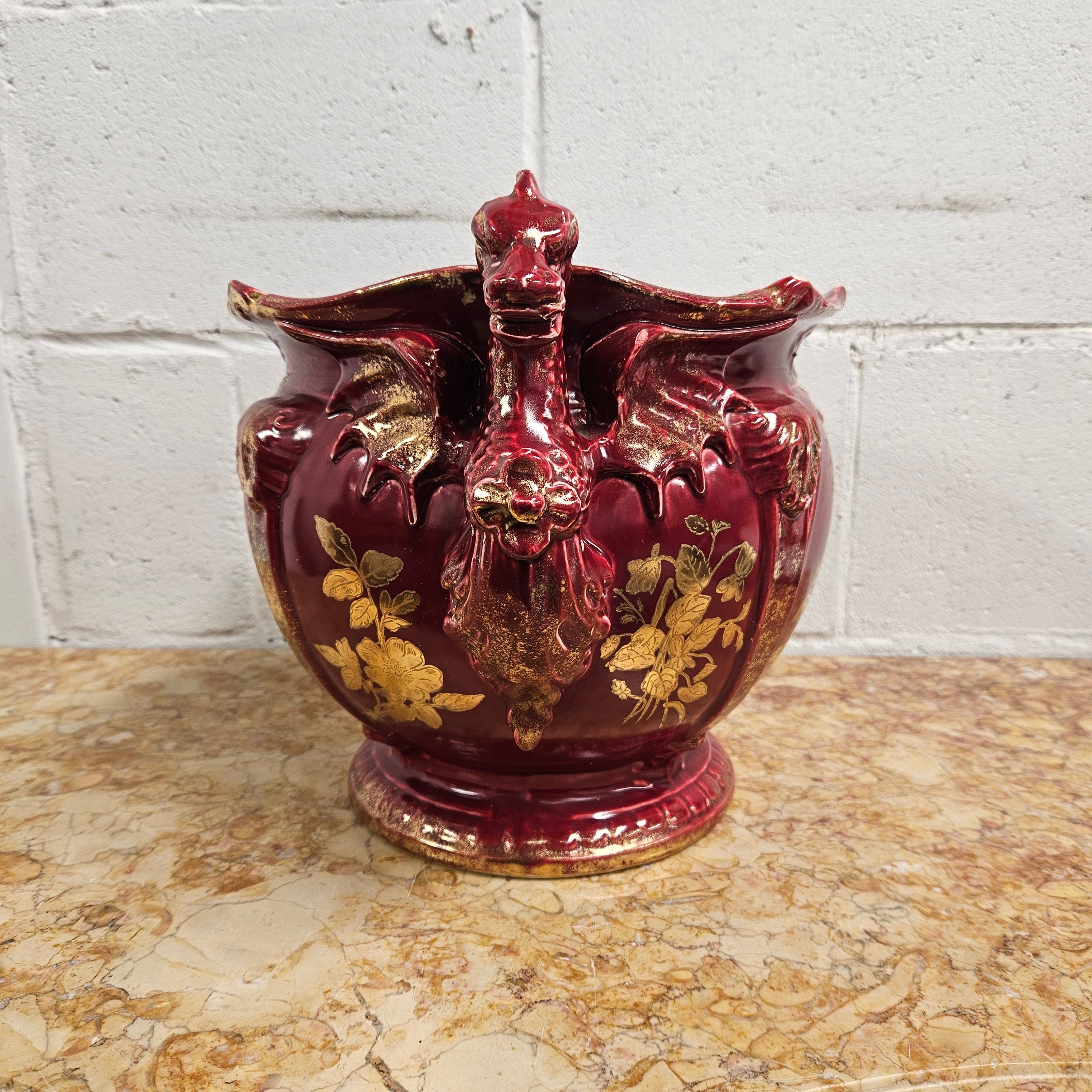 Burgundy Hand Painted Griffin Jardiniere | Antique & Vintage | Moonee Ponds Antiques | Australia Wide Delivery