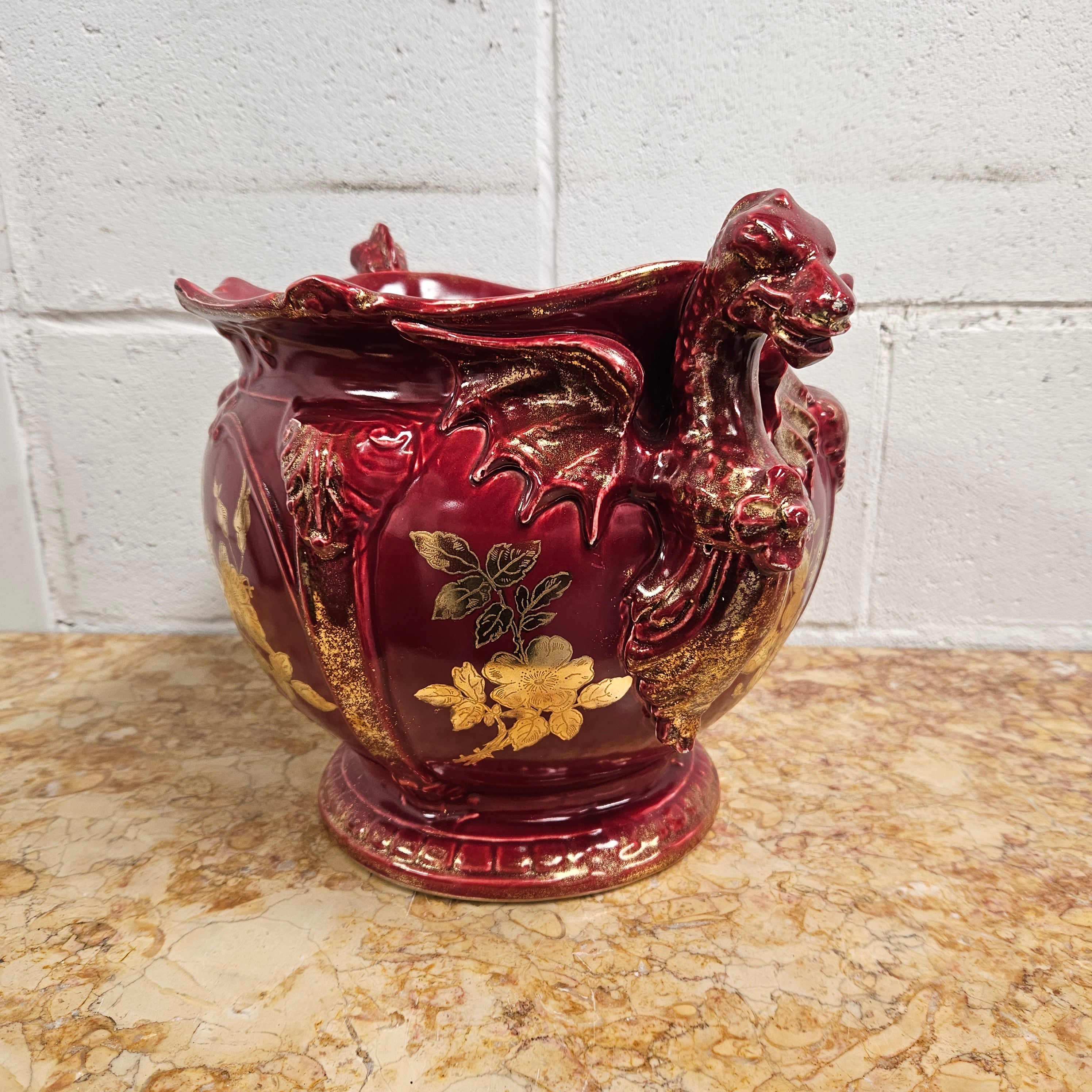 Burgundy Hand Painted Griffin Jardiniere | Antique & Vintage | Moonee Ponds Antiques | Australia Wide Delivery
