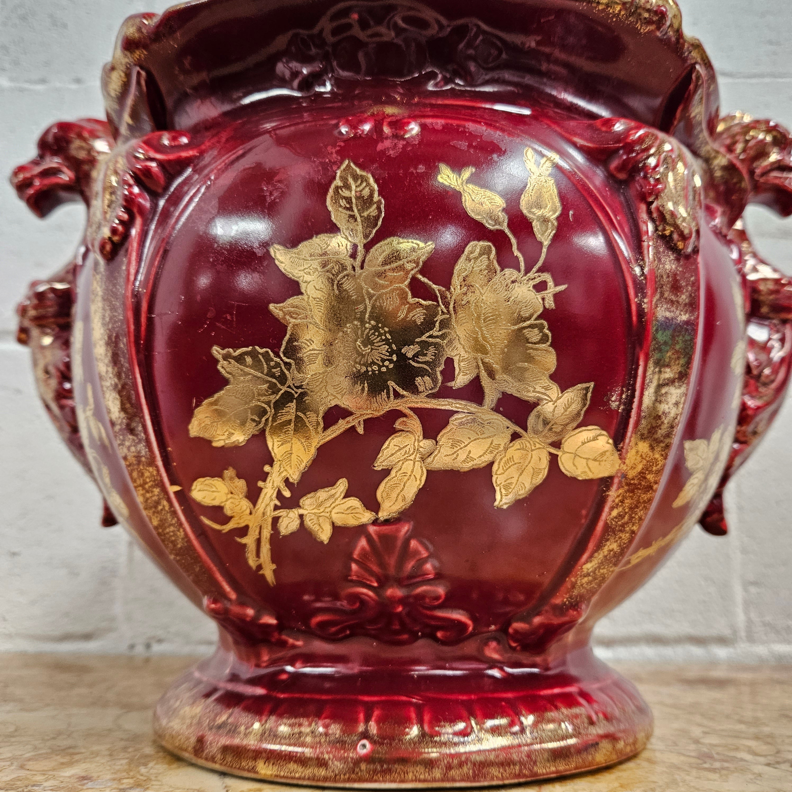 Burgundy Hand Painted Griffin Jardiniere | Antique & Vintage | Moonee Ponds Antiques | Australia Wide Delivery