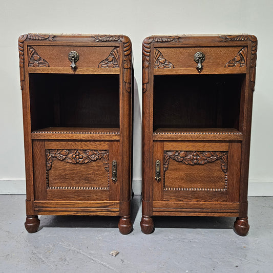 Pair French Art Deco Oak Bedside Cabinet With Inset Marble