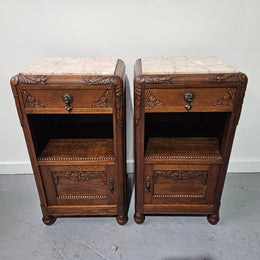 Pair French Art Deco Oak Bedside Cabinet With Inset Marble