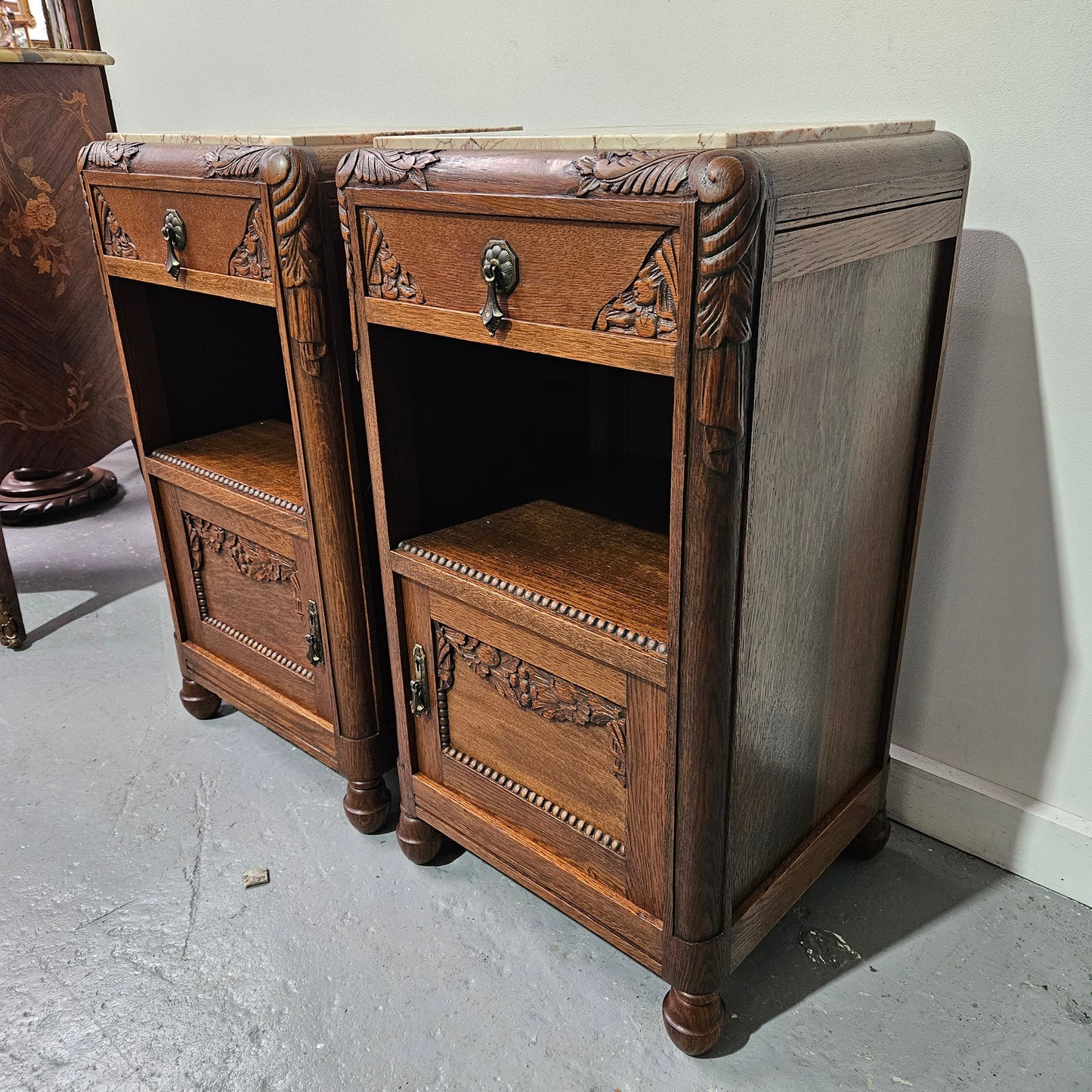 Pair French Art Deco Oak Bedside Cabinet With Inset Marble