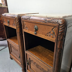 Pair French Art Deco Oak Bedside Cabinet With Inset Marble | Antique & Vintage | Moonee Ponds Antiques | Australia Wide Delivery