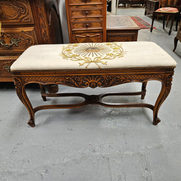 French Walnut Louis XV Style Piano Stool With Beautiful Gold Embossed Upholstery
