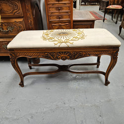 French Walnut Louis XV Style Piano Stool With Beautiful Gold Embossed Upholstery | Antique & Vintage | Moonee Ponds Antiques | Australia Wide Delivery