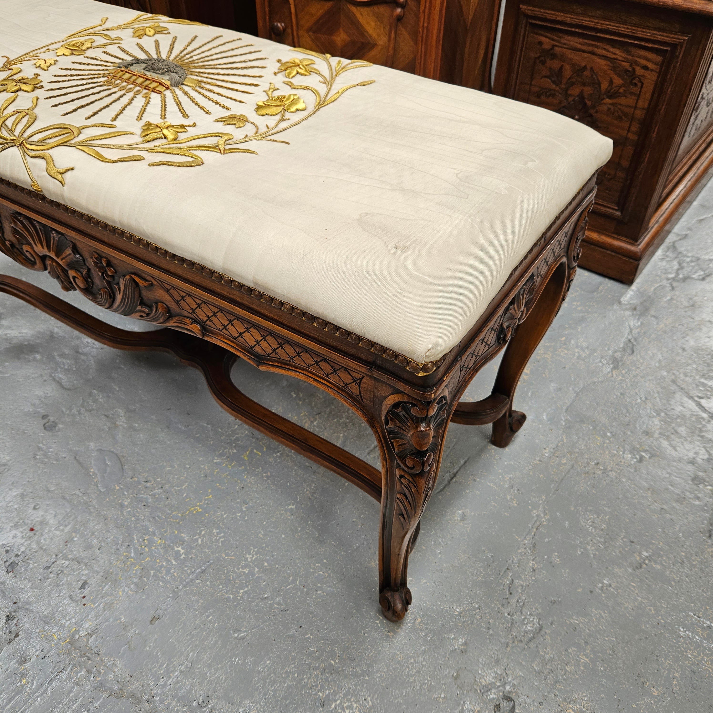 French Walnut Louis XV Style Piano Stool With Beautiful Gold Embossed Upholstery | Antique & Vintage | Moonee Ponds Antiques | Australia Wide Delivery