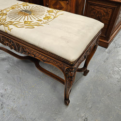 French Walnut Louis XV Style Piano Stool With Beautiful Gold Embossed Upholstery | Antique & Vintage | Moonee Ponds Antiques | Australia Wide Delivery