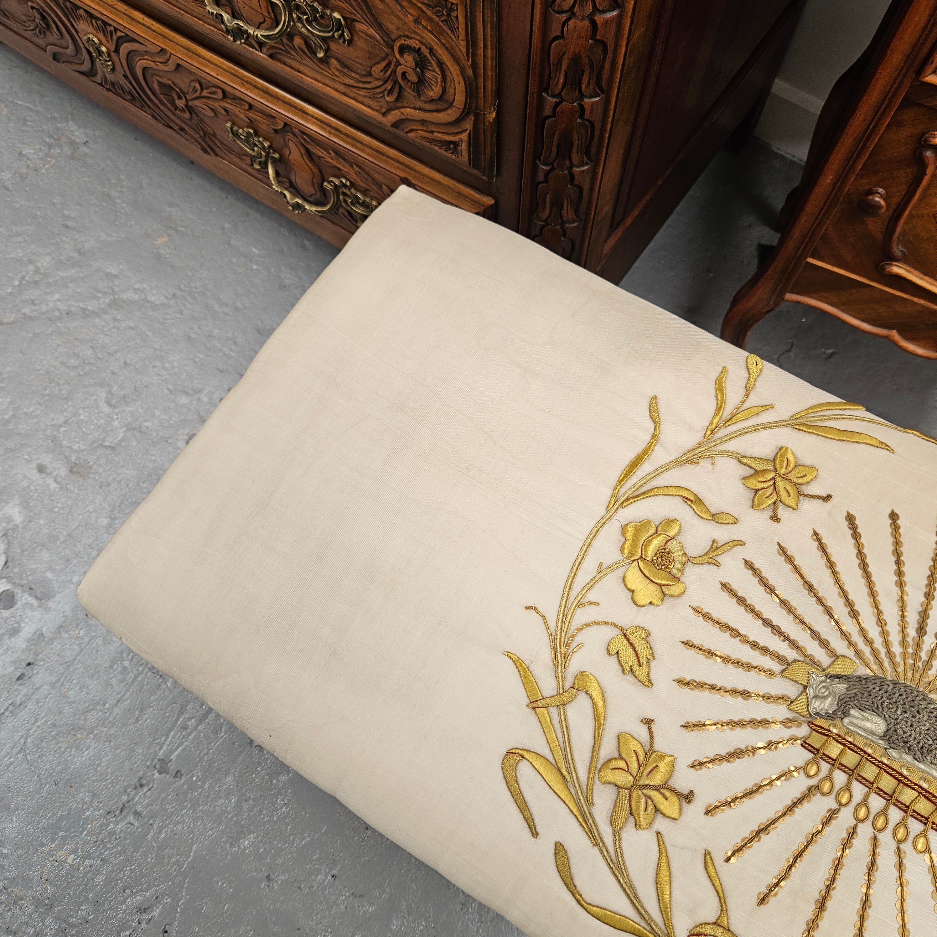 French Walnut Louis XV Style Piano Stool With Beautiful Gold Embossed Upholstery | Antique & Vintage | Moonee Ponds Antiques | Australia Wide Delivery