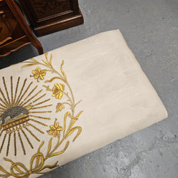 French Walnut Louis XV Style Piano Stool With Beautiful Gold Embossed Upholstery | Antique & Vintage | Moonee Ponds Antiques | Australia Wide Delivery